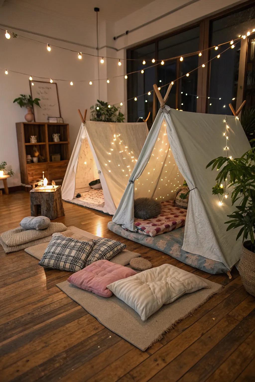 Bring the great outdoors inside with a cozy indoor camping setup.