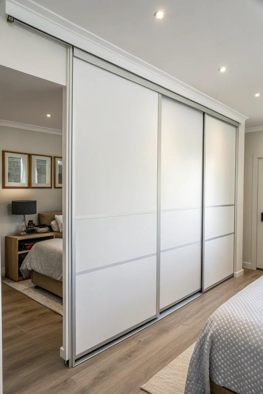 Minimalist white sliding closet doors for a sleek look.