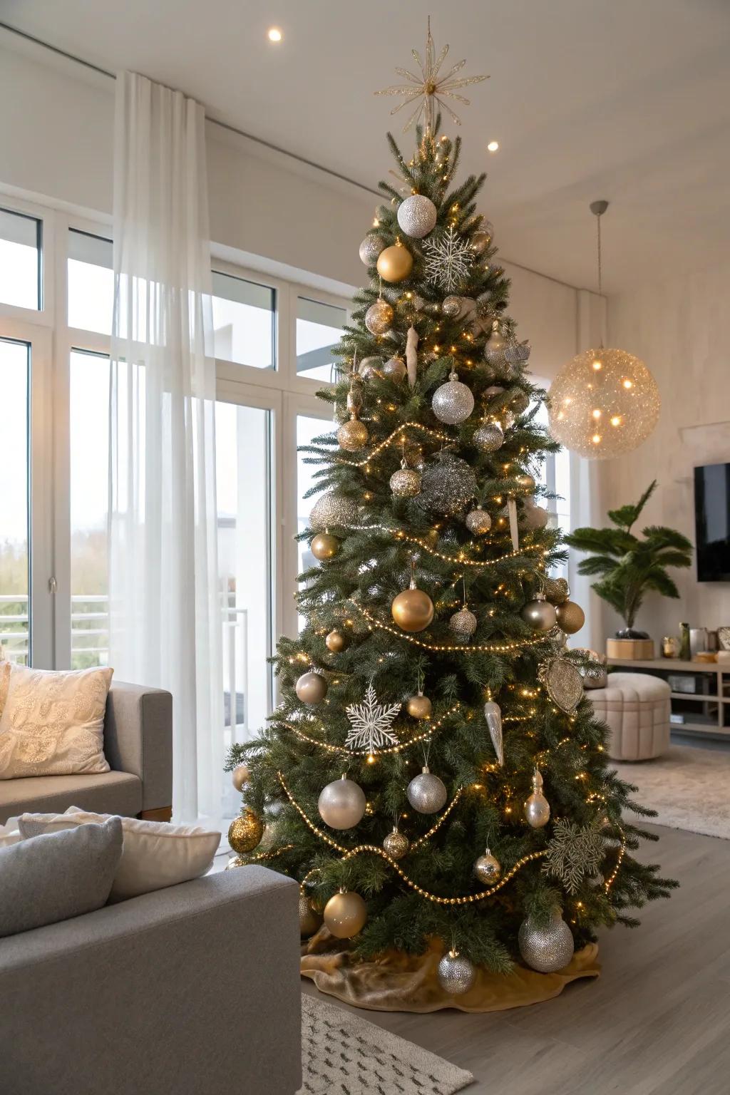 Metallic ornaments bring elegance to a slim Christmas tree.