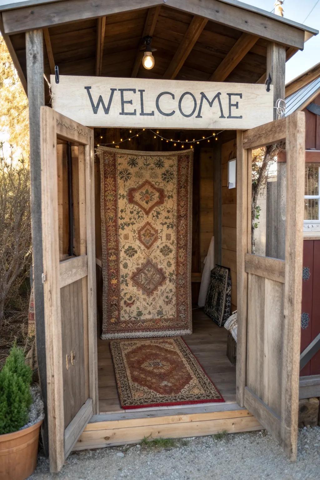 An inviting entrance with a vintage rug and hand-painted sign