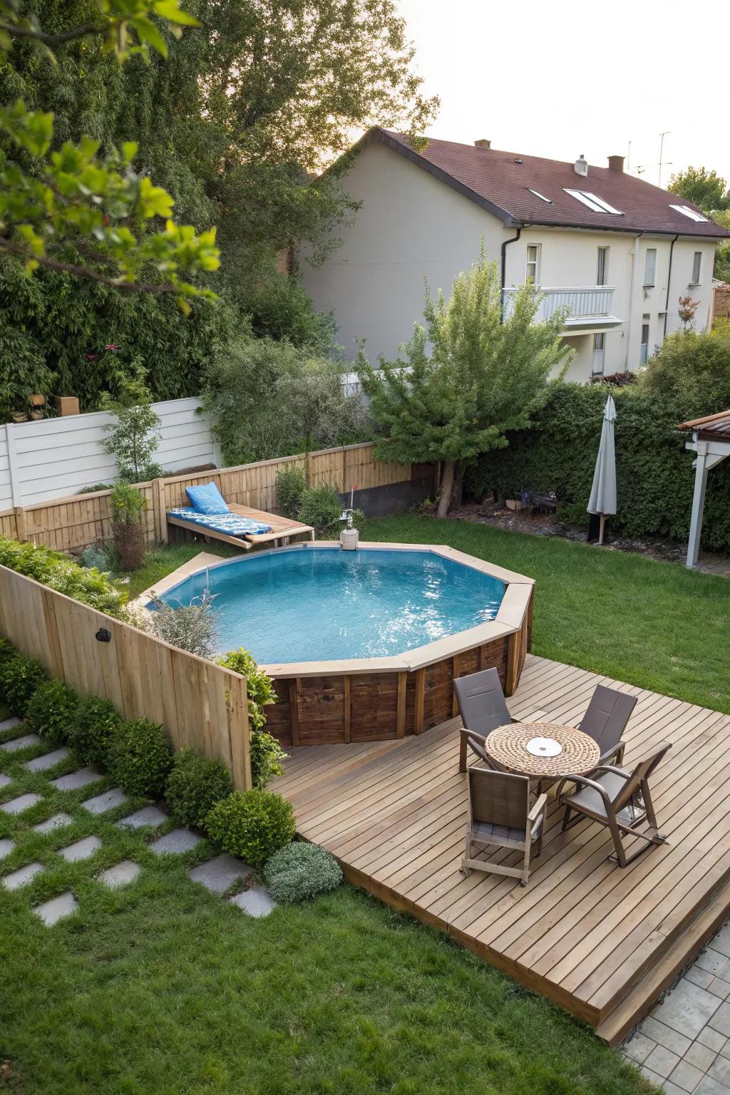 A charming wooden deck embracing an above-ground pool, providing a warm and inviting atmosphere.