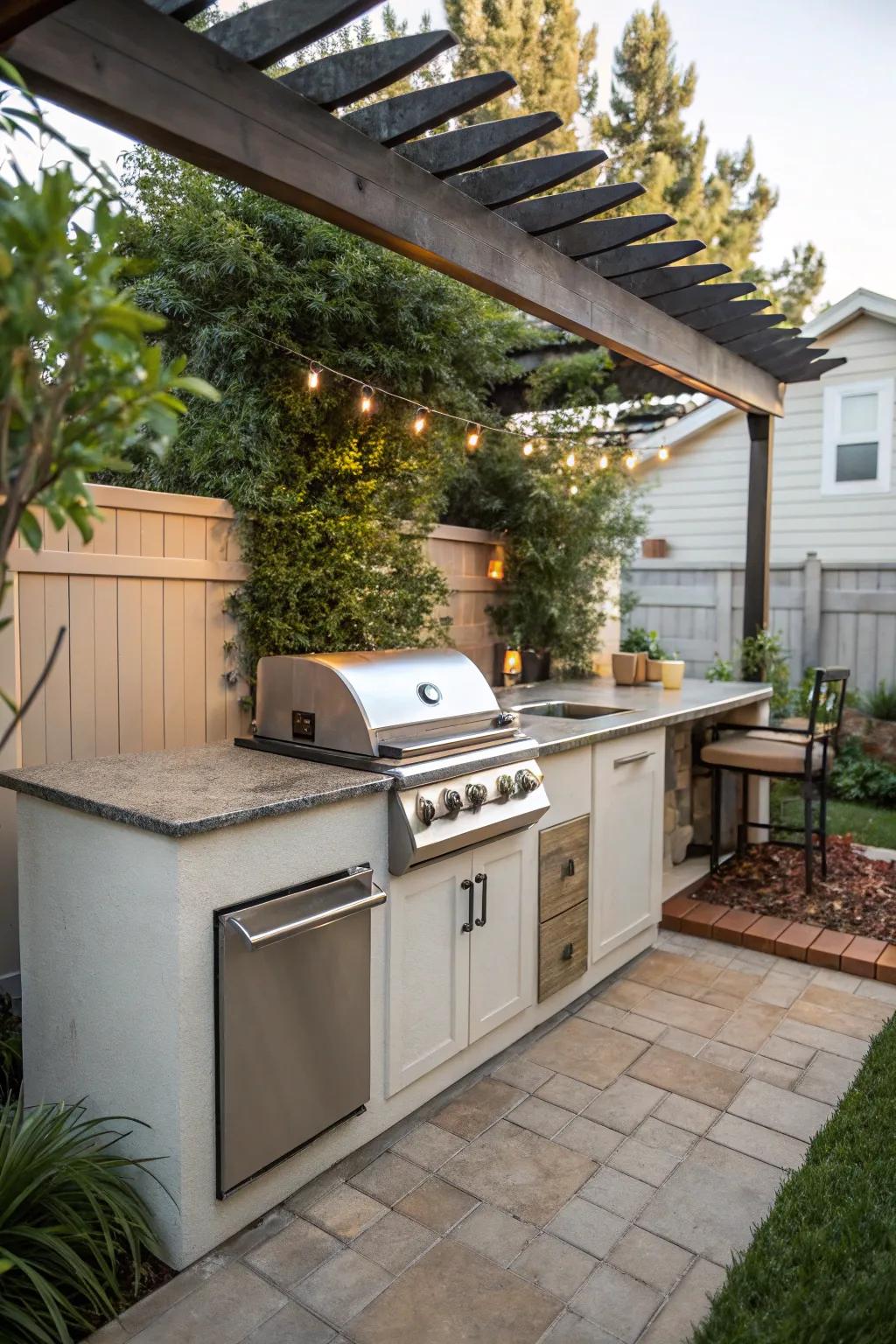 A compact outdoor kitchen with a built-in grill and sleek countertop.