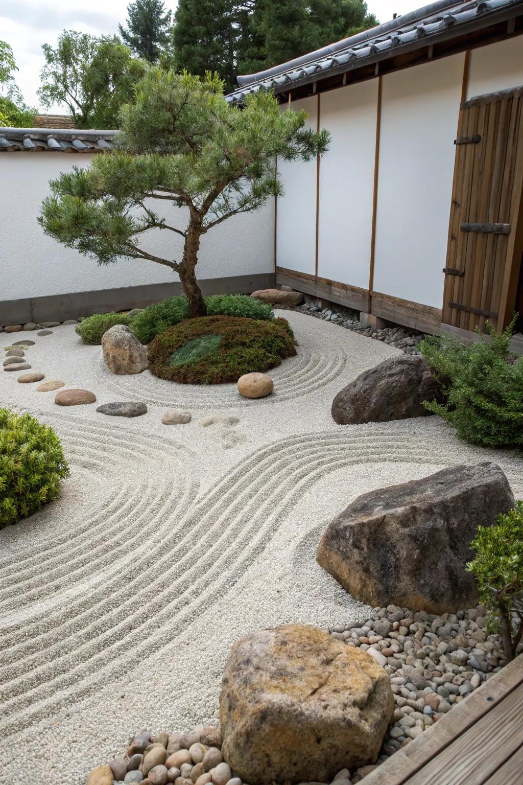 A small zen garden featuring beautifully raked gravel and decorative stones.