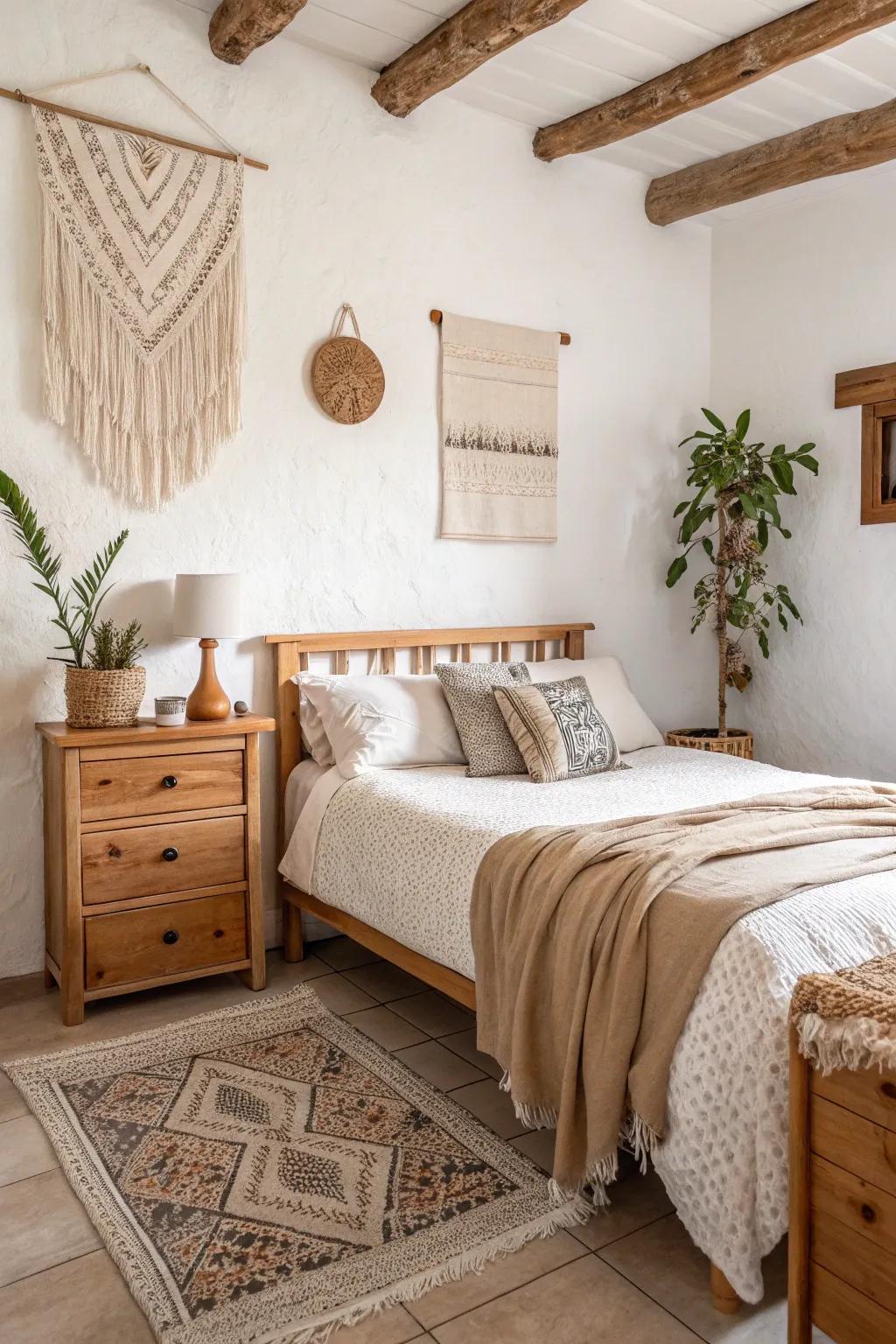 Neutral and earthy tones create a soothing backdrop in this small boho bedroom