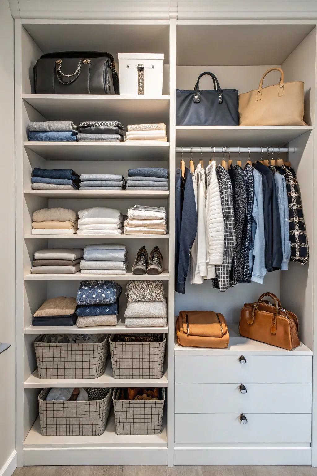 Make the most of your closet's height with stacked shelving.