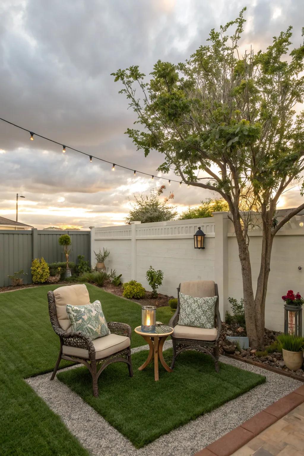 A cozy seating nook with artificial grass, perfect for afternoon relaxation.