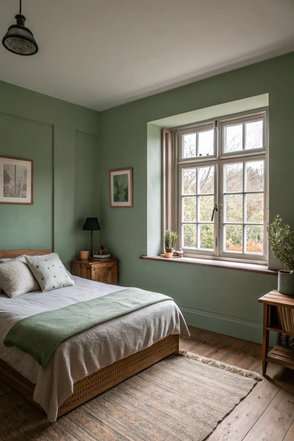 Sage green walls create a serene backdrop in a small bedroom.