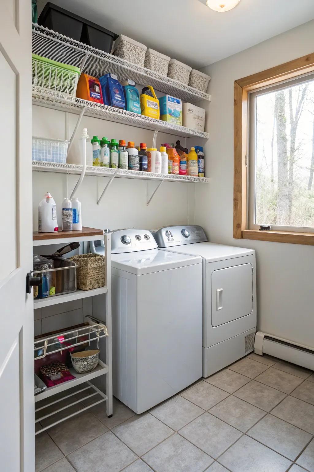 Make the most of wall space with vertical storage for a tidy laundry room.