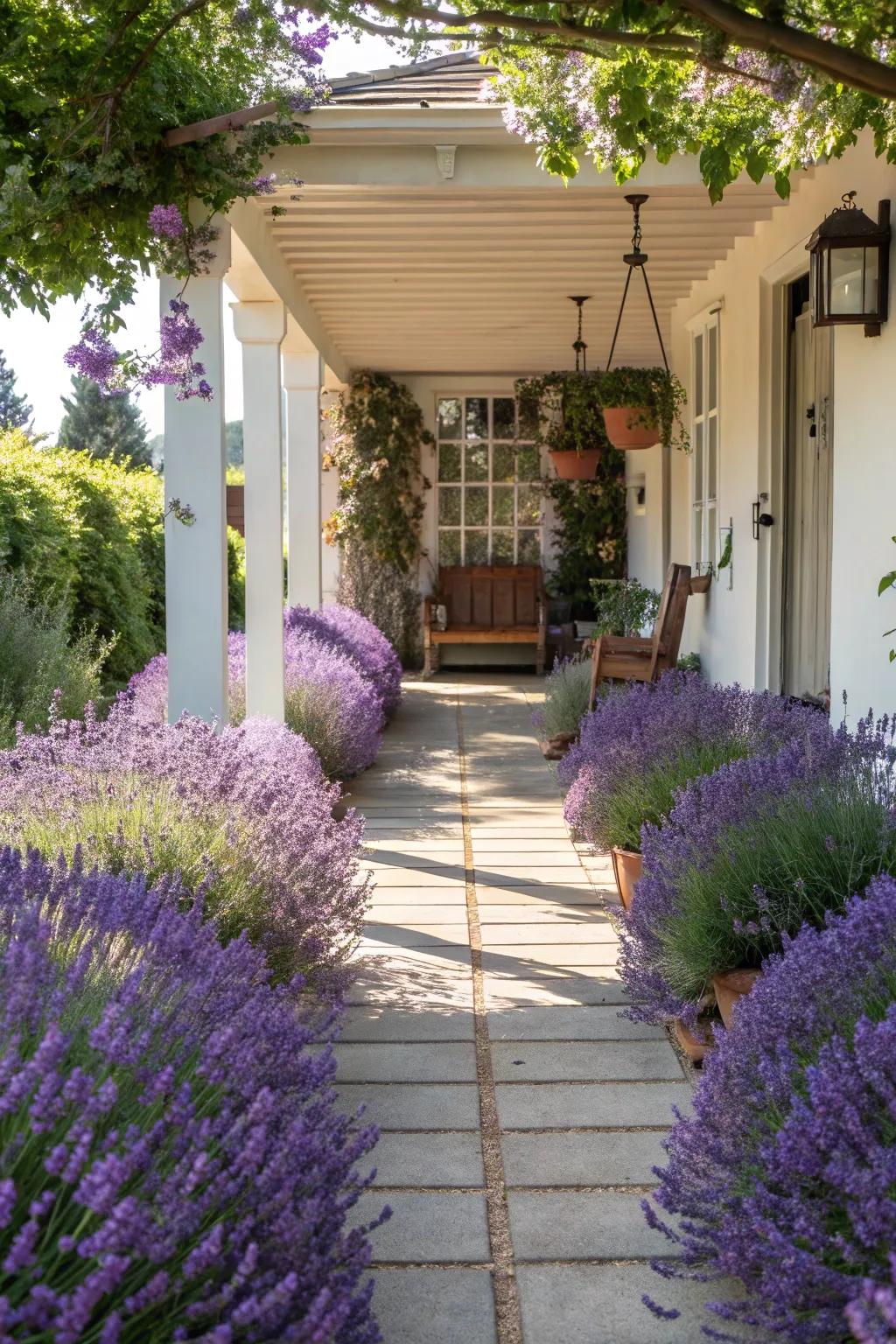 Lavender borders transform walkways into sensory experiences.