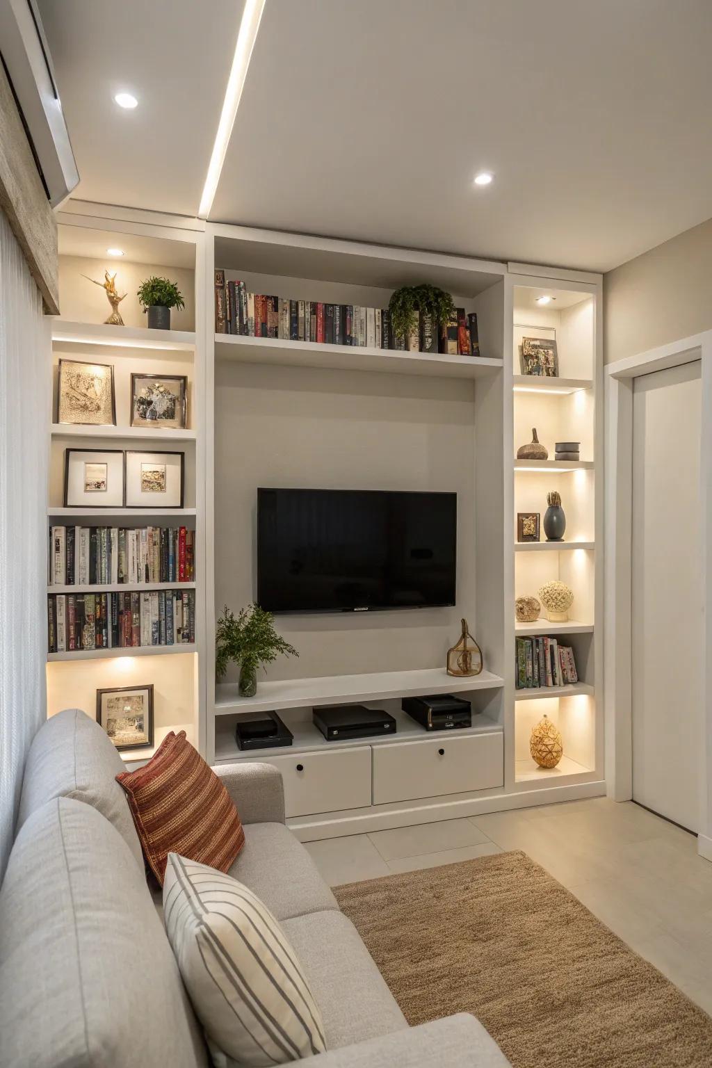 Using vertical space for your TV keeps your living room open and clutter-free.