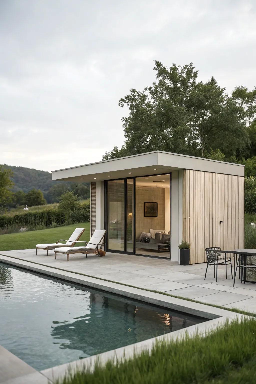 A minimalist pool house design focusing on simplicity and function.