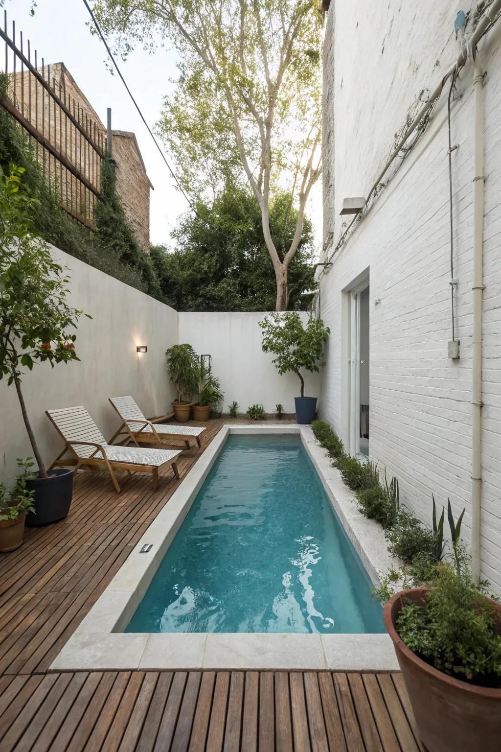 A sleek rectangular pool fits perfectly in a narrow backyard, offering a modern touch.