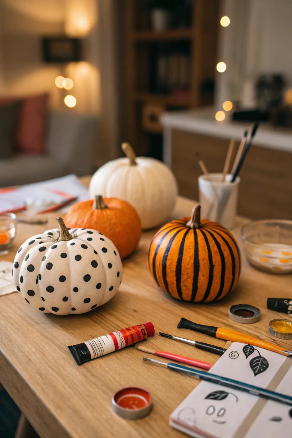 Whimsically painted pumpkins add a playful touch to your decor.