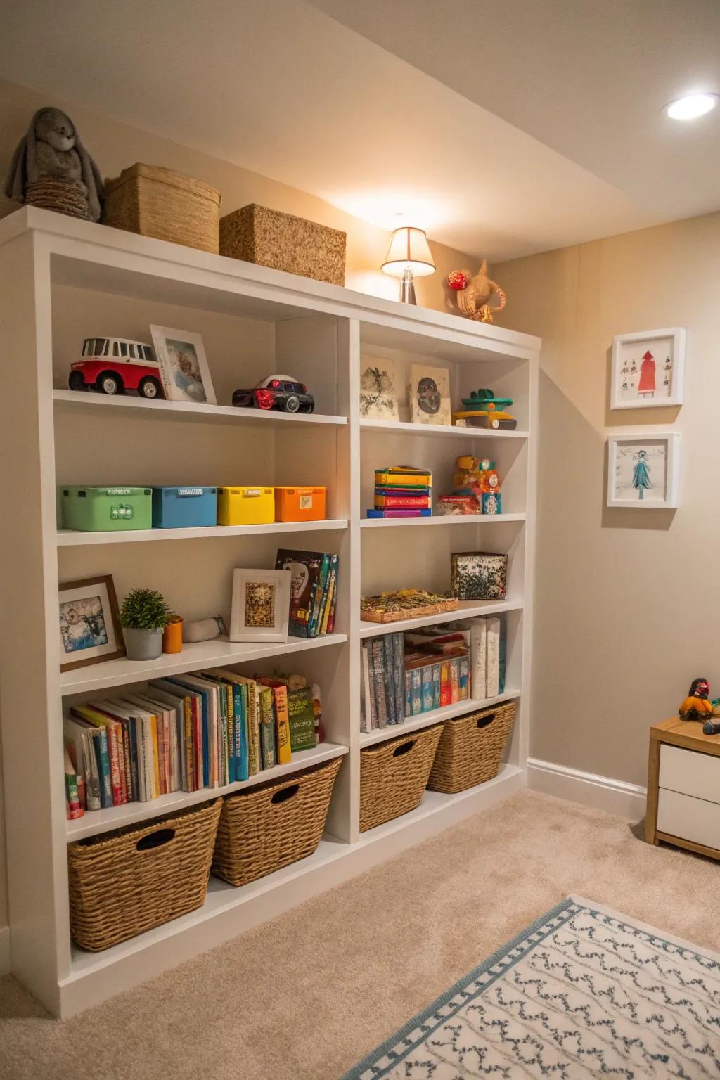 Wall shelves creatively used for toy storage in a small room.