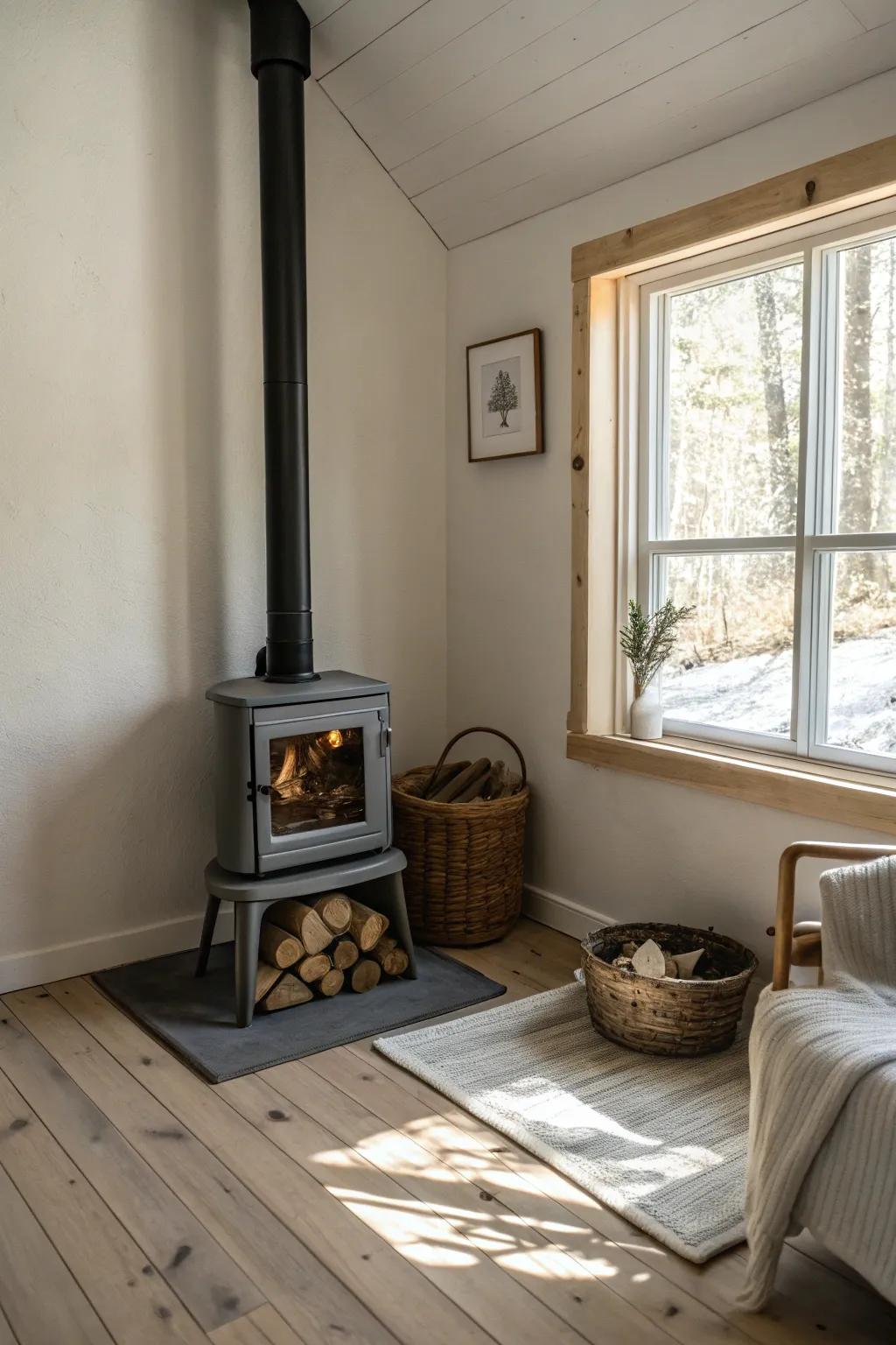 A small wood stove snugly placed in a corner, optimizing space and style.