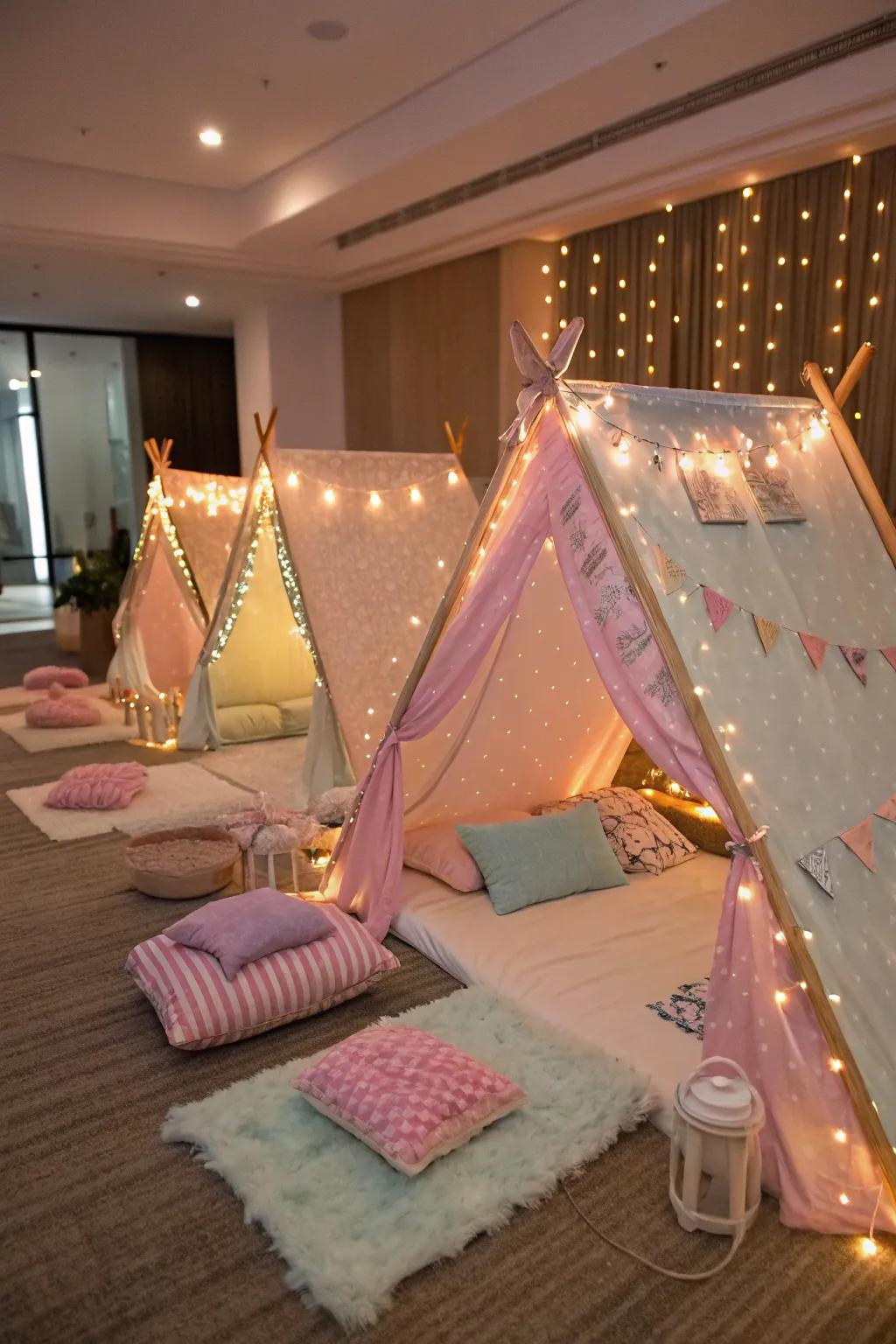 Cozy spa tents illuminated with fairy lights for a magical sleepover.