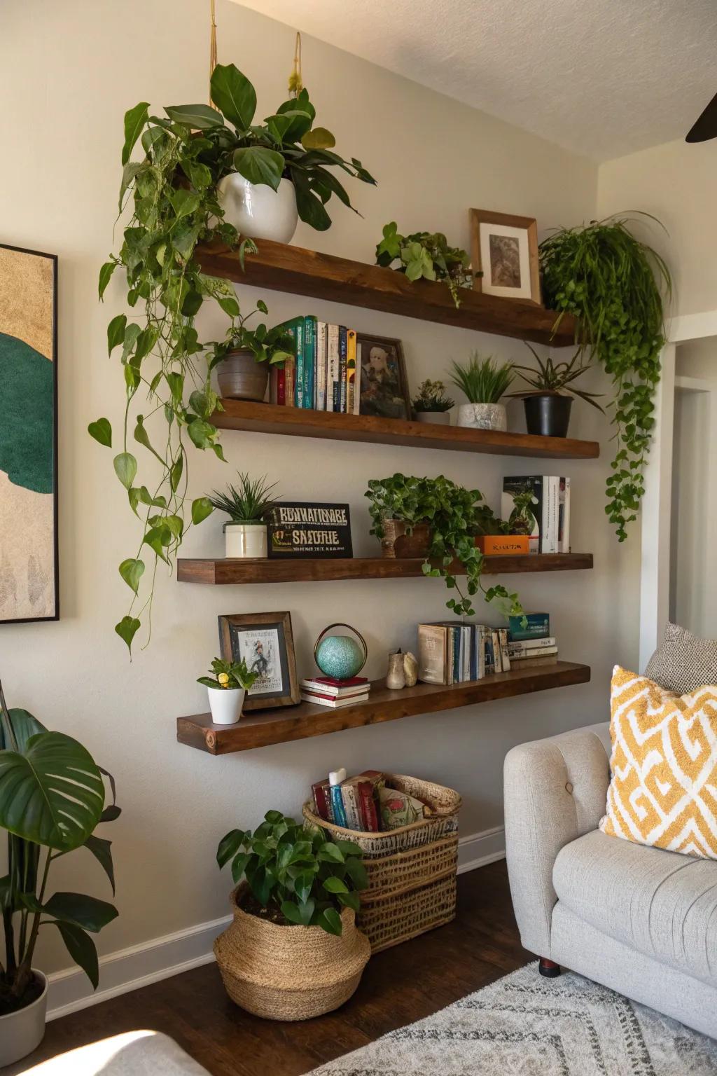 A green oasis created with staggered shelves and vibrant plants.