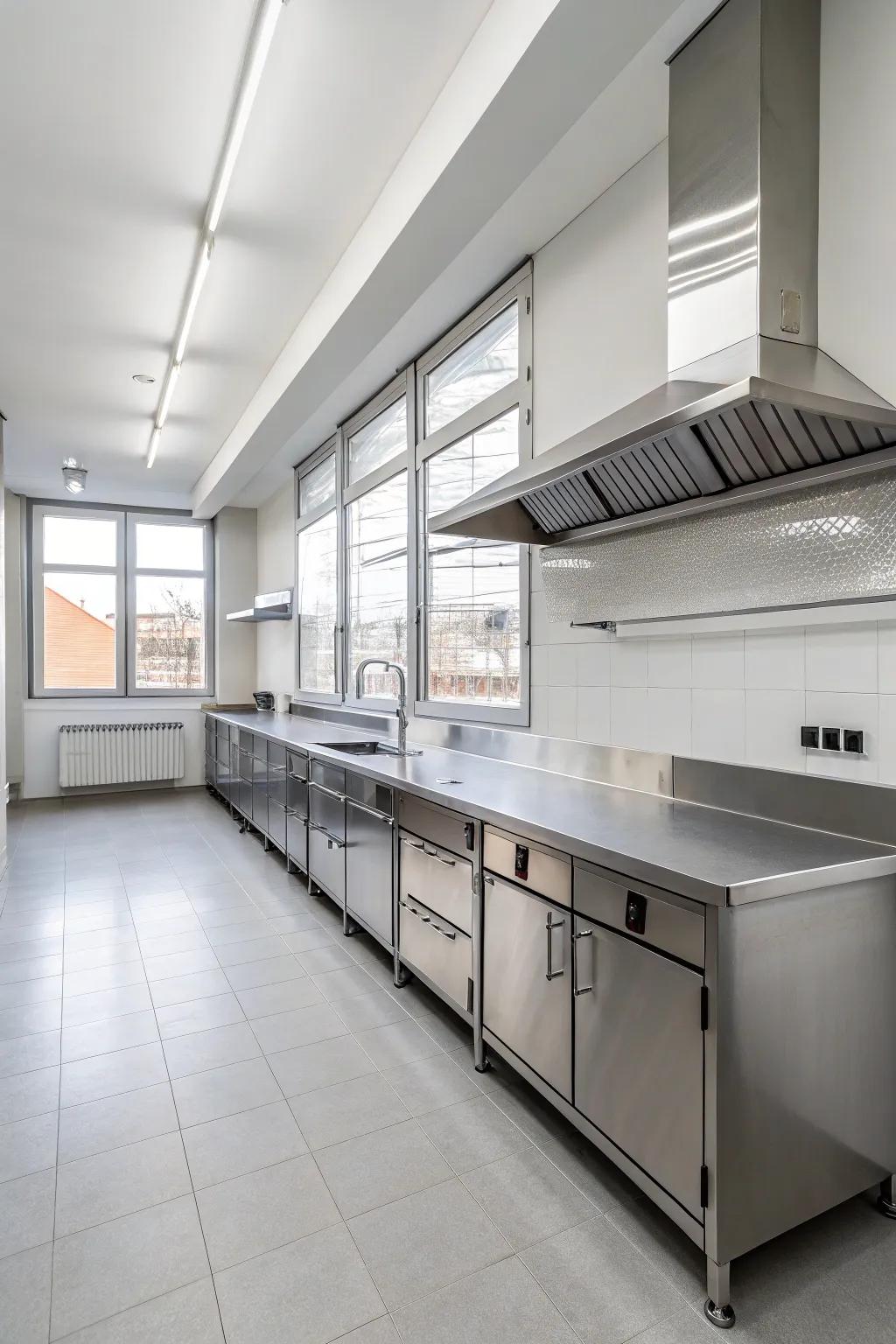 A minimalist kitchen where stainless steel surfaces define the modern aesthetic.