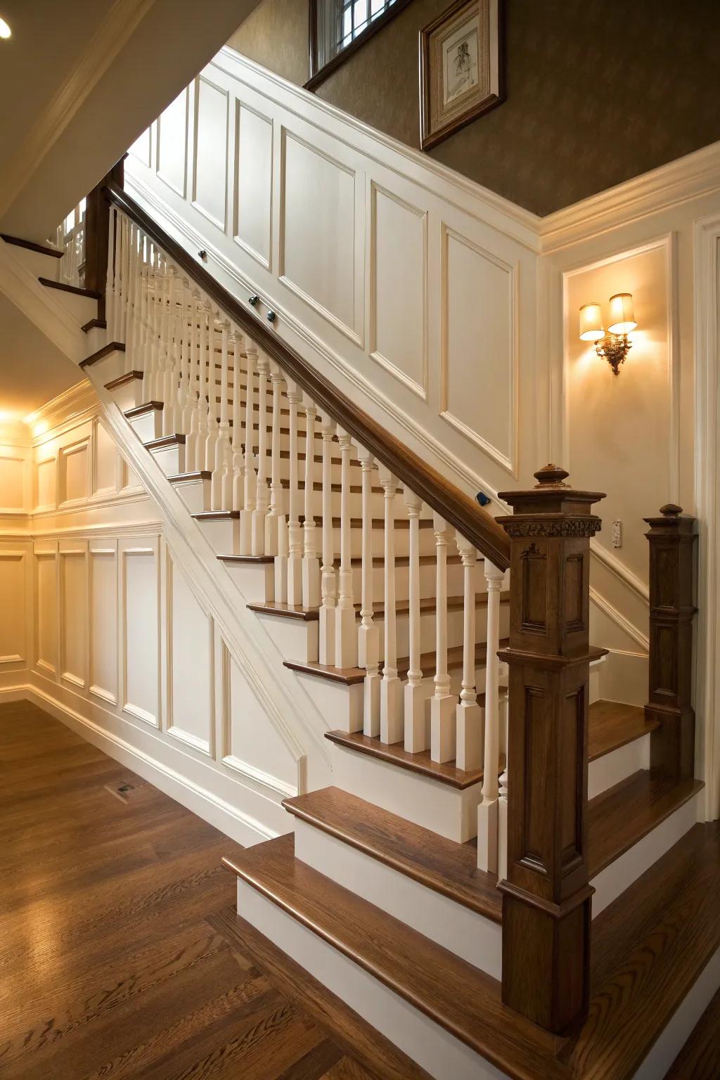 Classic wainscoting adds timeless elegance to any staircase.