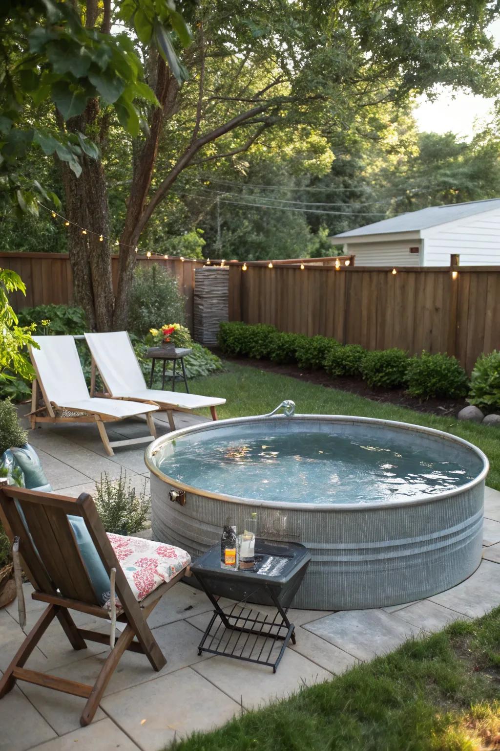 A cozy corner setup with a stock tank pool and comfy seating.