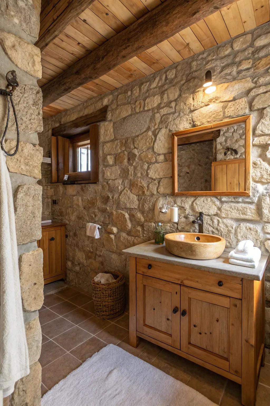 A rustic bathroom featuring stone walls complemented by warm wood accents.