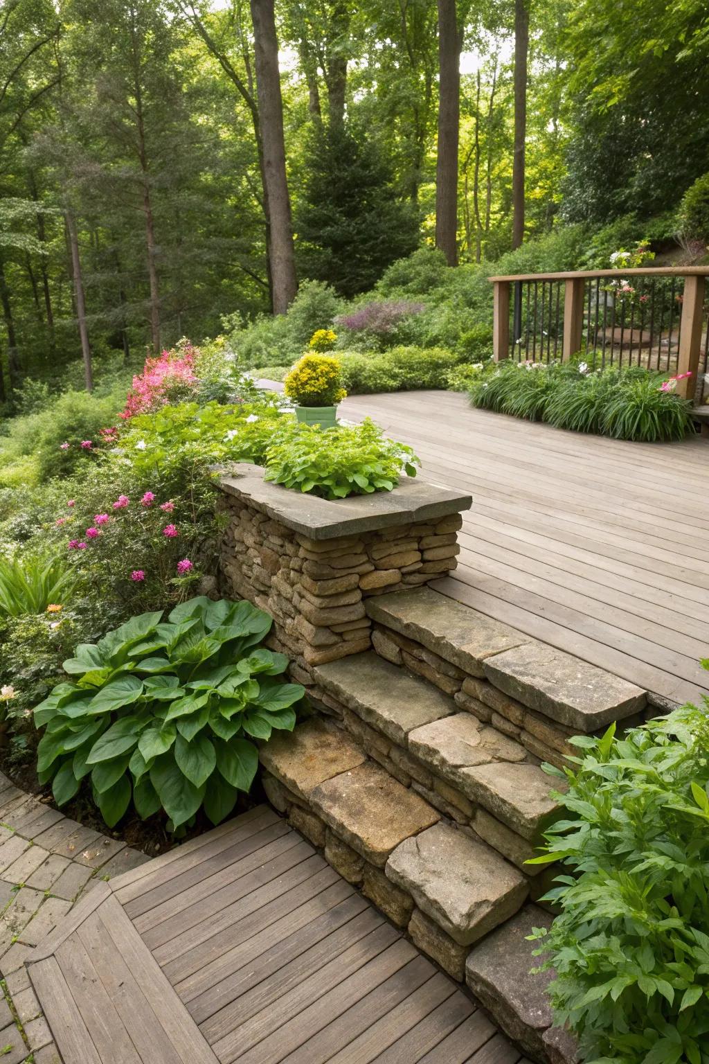 A deck enhanced with classic stacked stone skirting, blending effortlessly with the surrounding greenery.