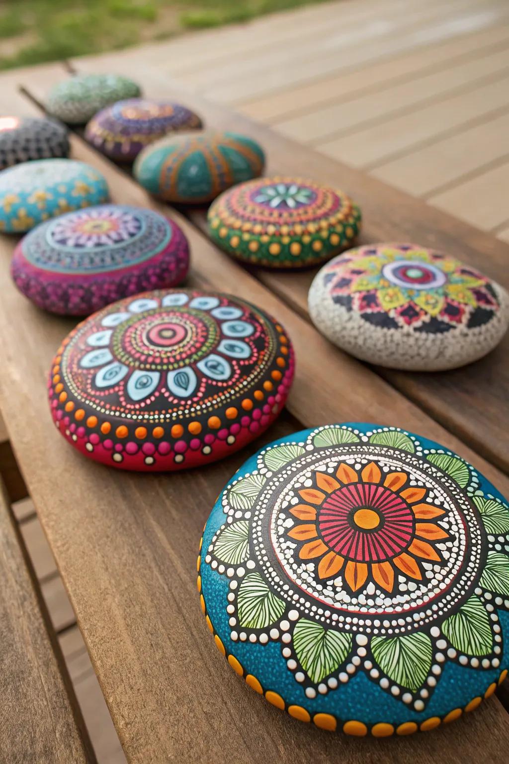 Vibrant mandala painted stones adding a splash of color.