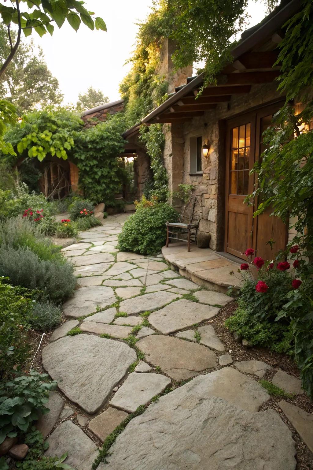 A rustic flagstone patio seamlessly blending with the garden.