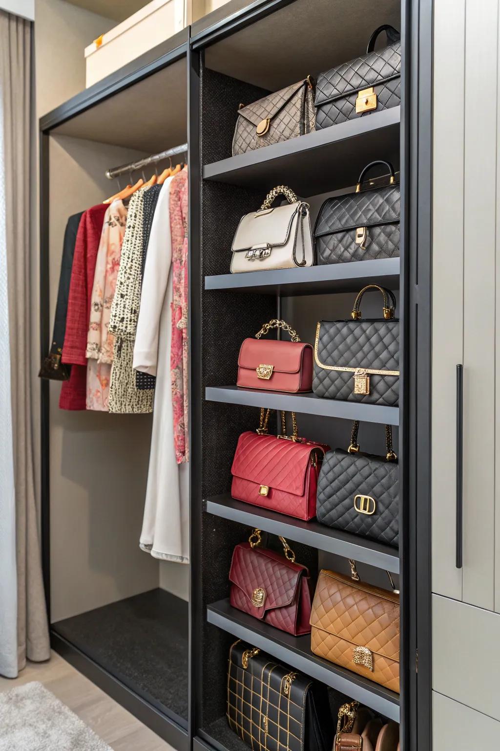 Adjustable shelving units displaying a variety of purses.