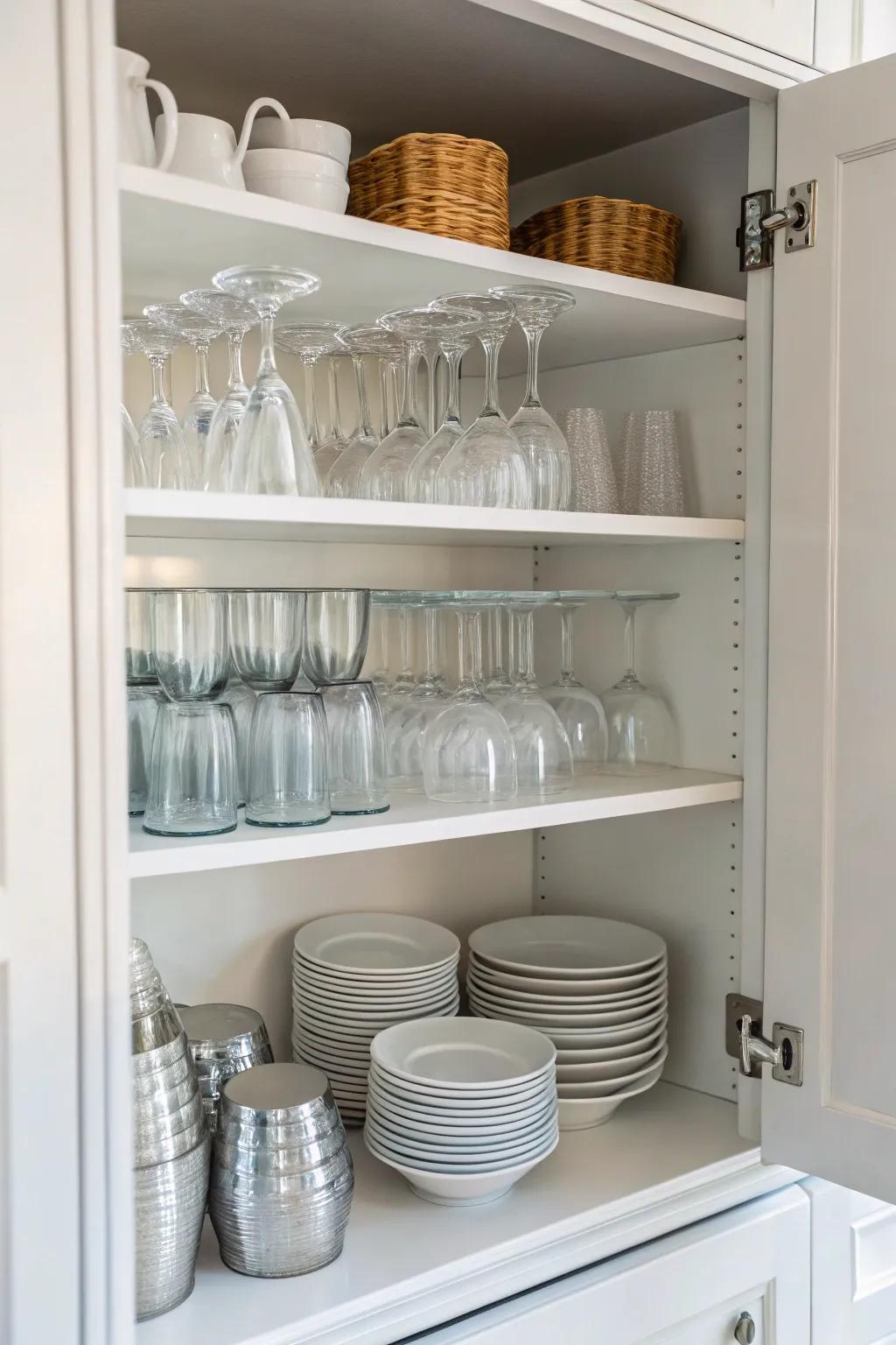 Cabinet storage keeps your glasses organized and out of sight.