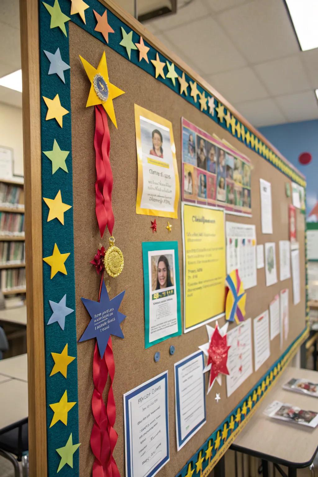 Highlighting achievements with colorful stars and ribbons.