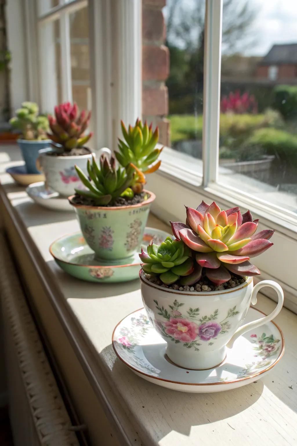 Charming succulents in vintage tea cups brighten up the windowsill.