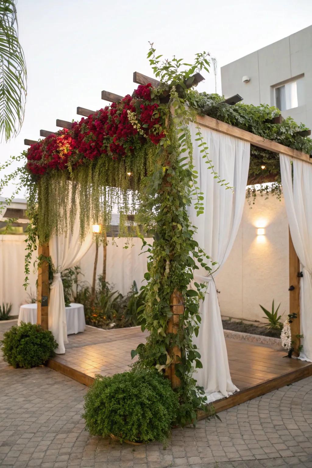 A sukkah adorned with lush greenery and trailing vines creating a serene atmosphere.