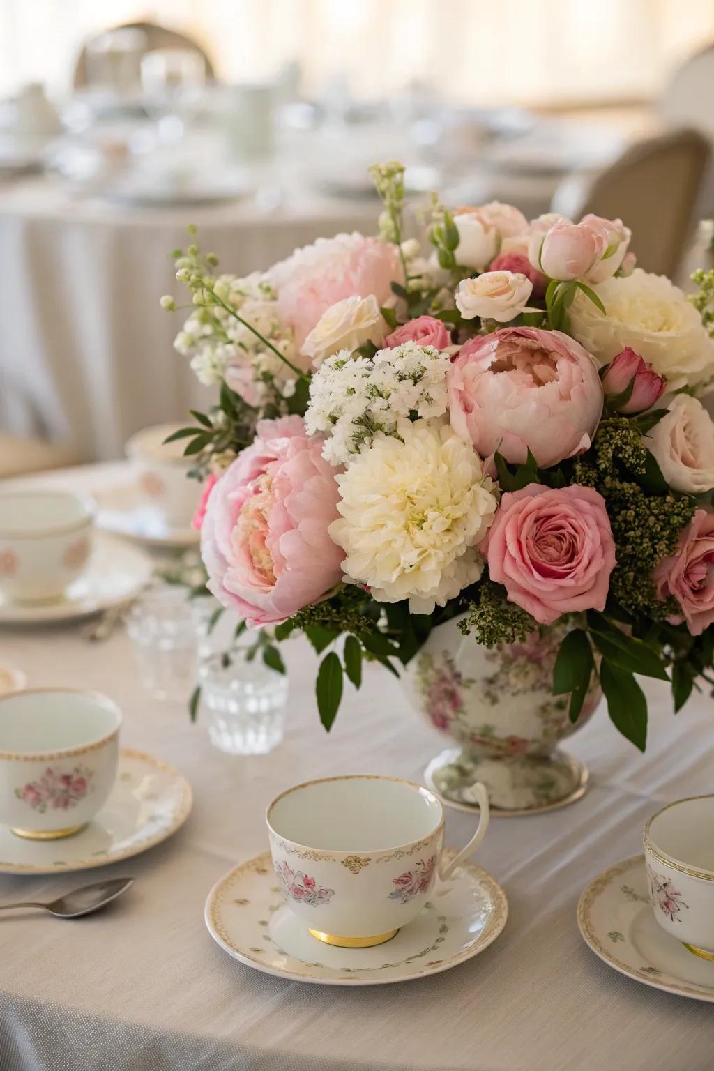 A floral centerpiece with peonies and roses elevates the tea party table.