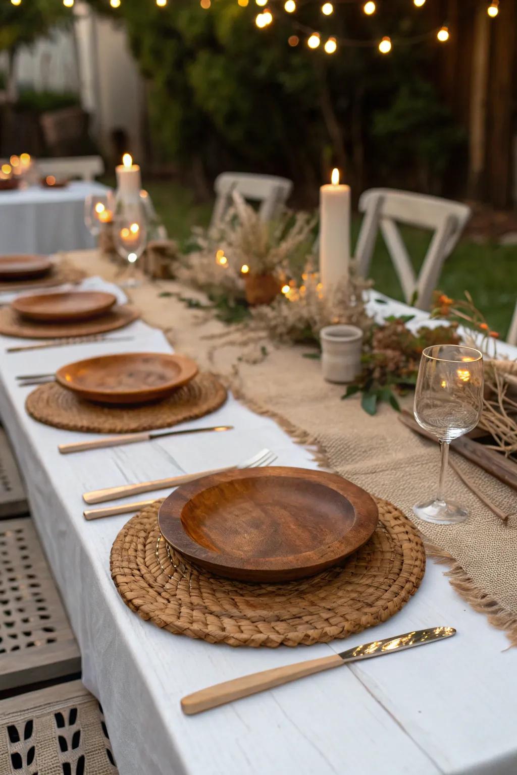 A rustic dining table setting featuring natural wooden elements and burlap.