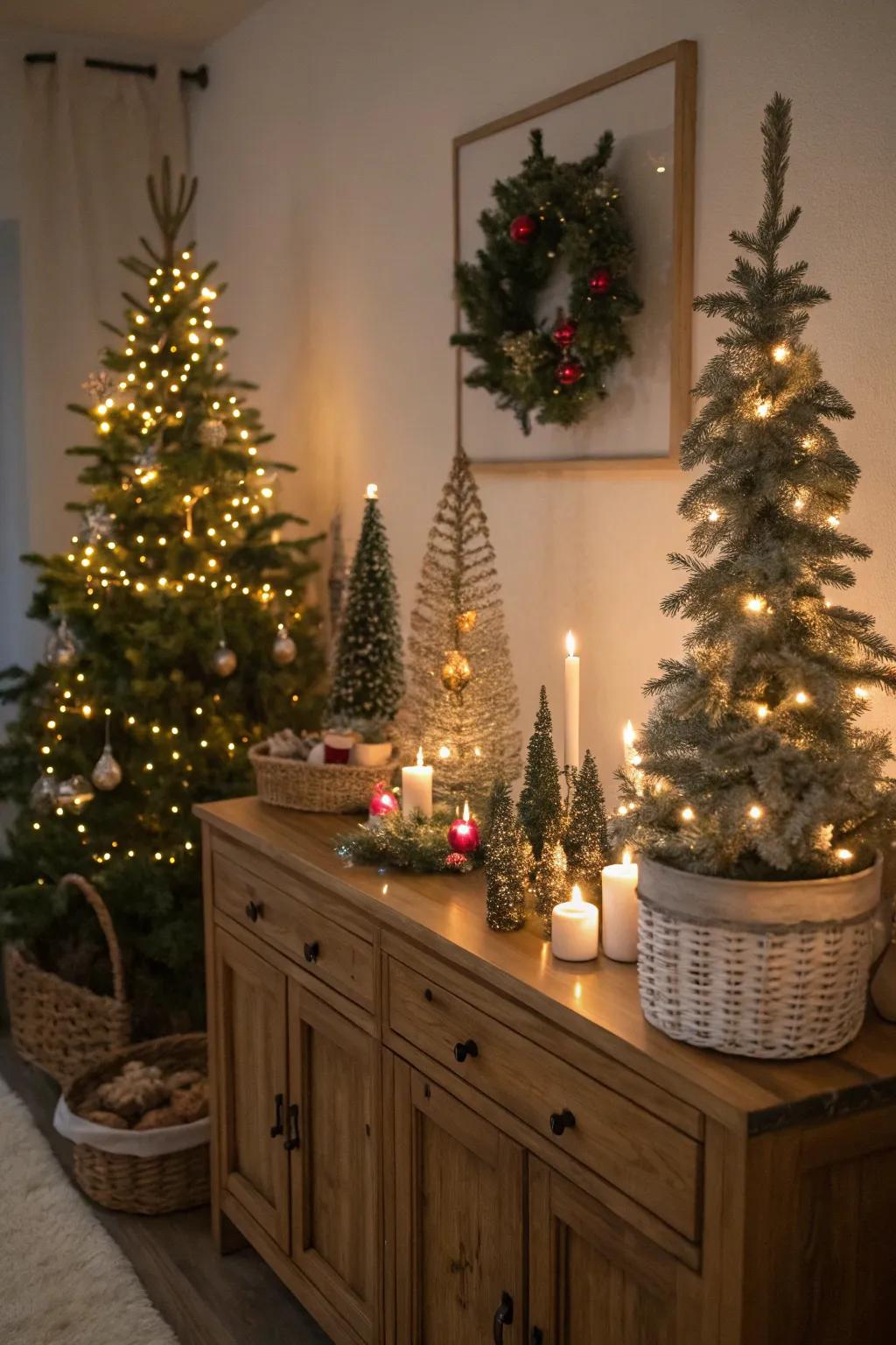 A charming display of a miniature forest on a living room sideboard.