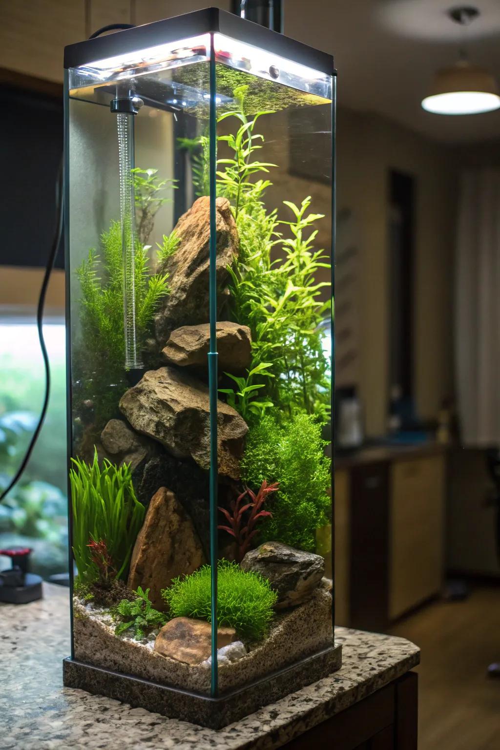 A tall aquarium transformed into a vertical garden oasis.