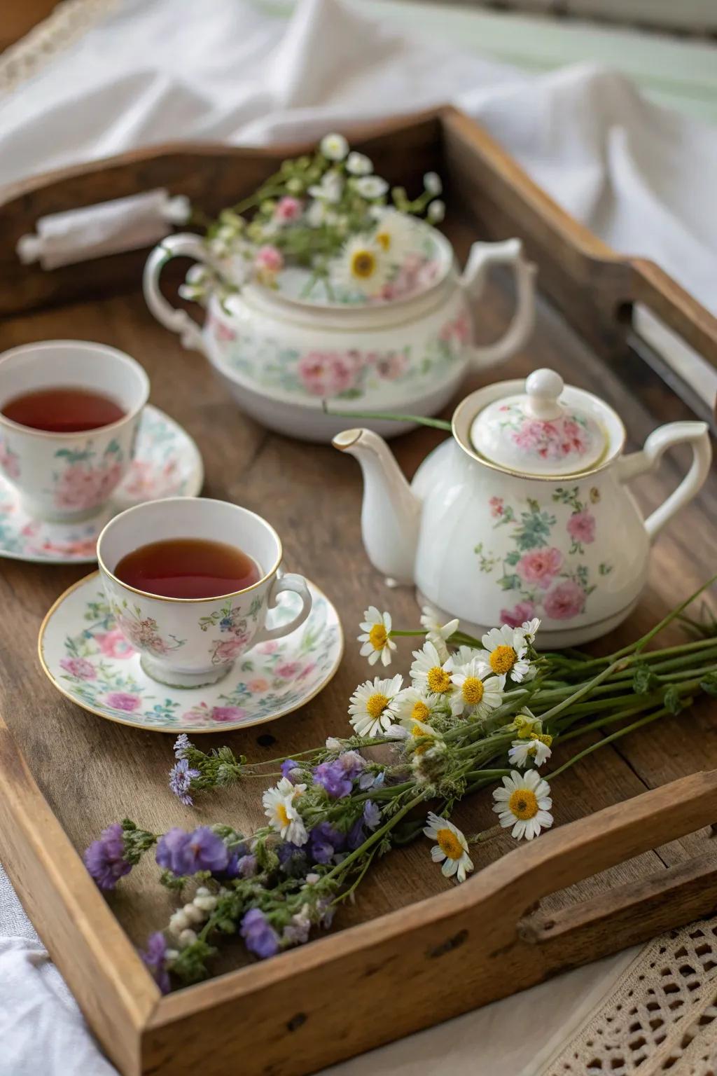 A vintage floral tea set beautifully displayed on a rustic tray.