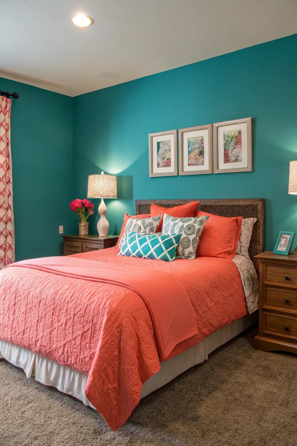 Teal accent wall beautifully balanced with coral highlights.