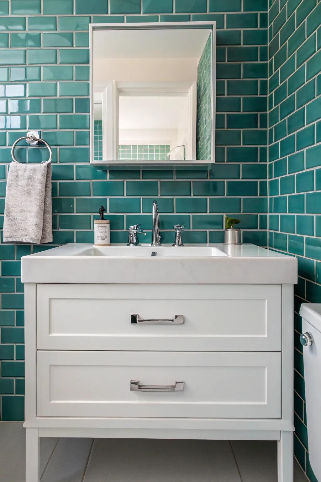 Teal subway tiles offer a modern twist to a classic bathroom design.