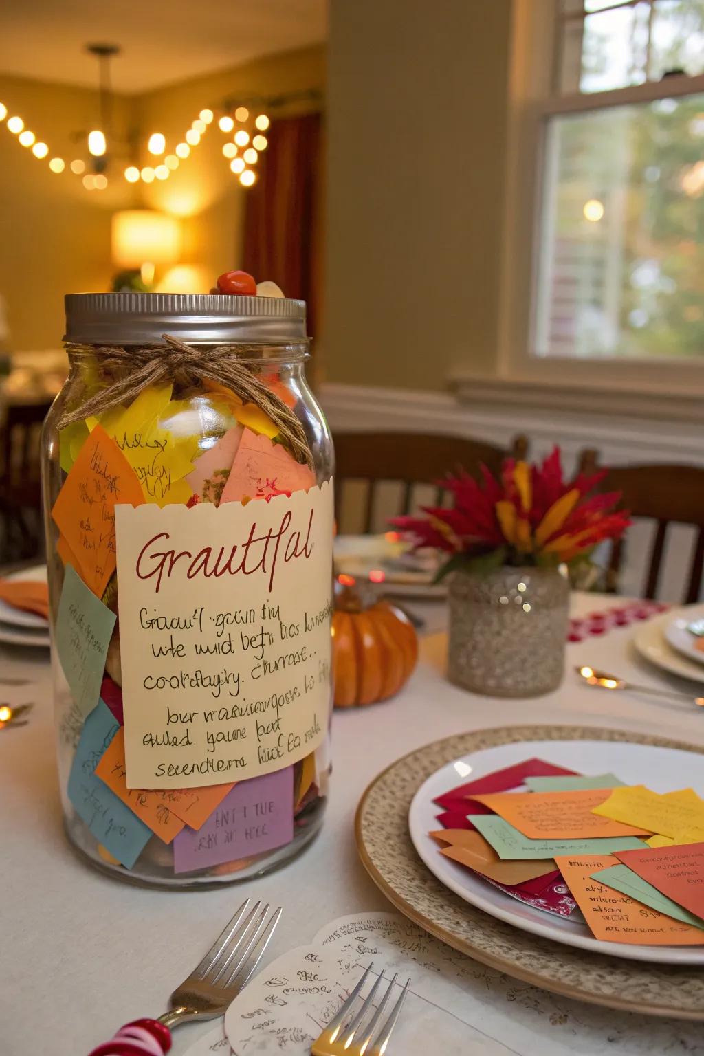 A gratitude jar surrounded by colorful notes, perfect for Thanksgiving reflections.