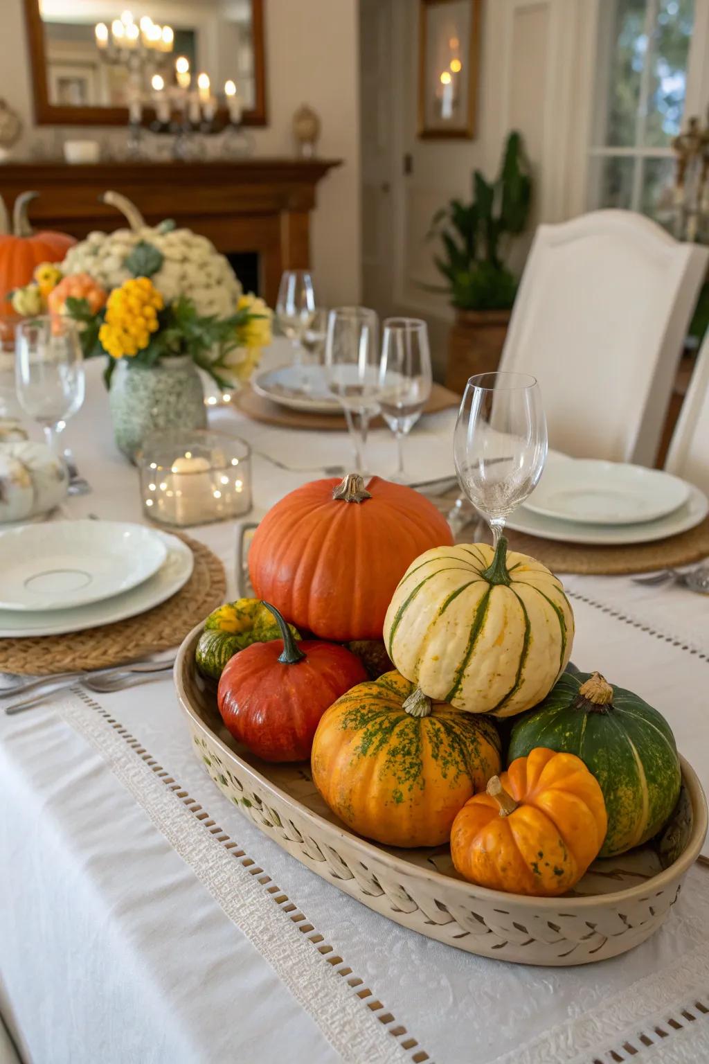 A mix of white and orange pumpkins makes for an elegant centerpiece.