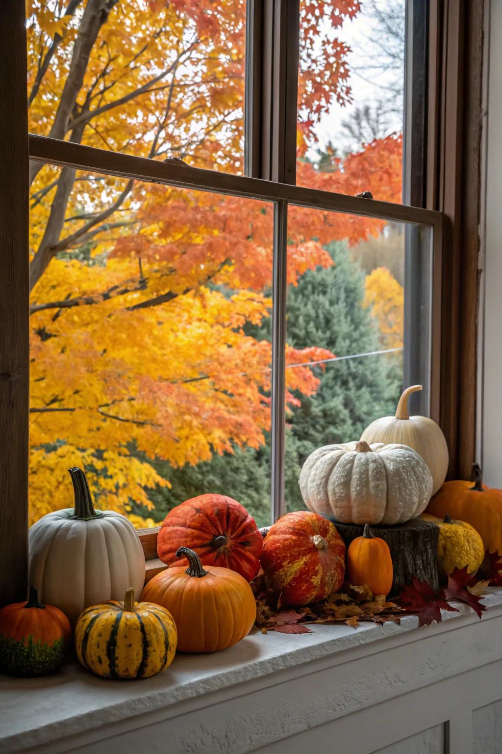 A mantel adorned with a playful mix of painted and natural pumpkins.