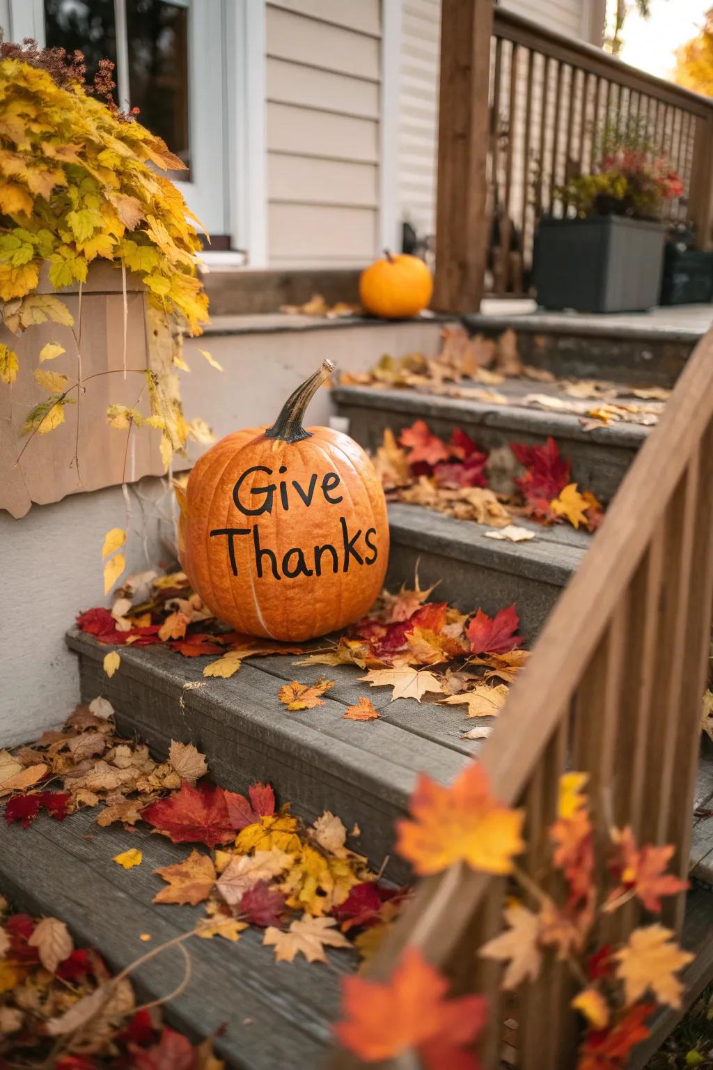 A carved pumpkin with a heartfelt Thanksgiving message.