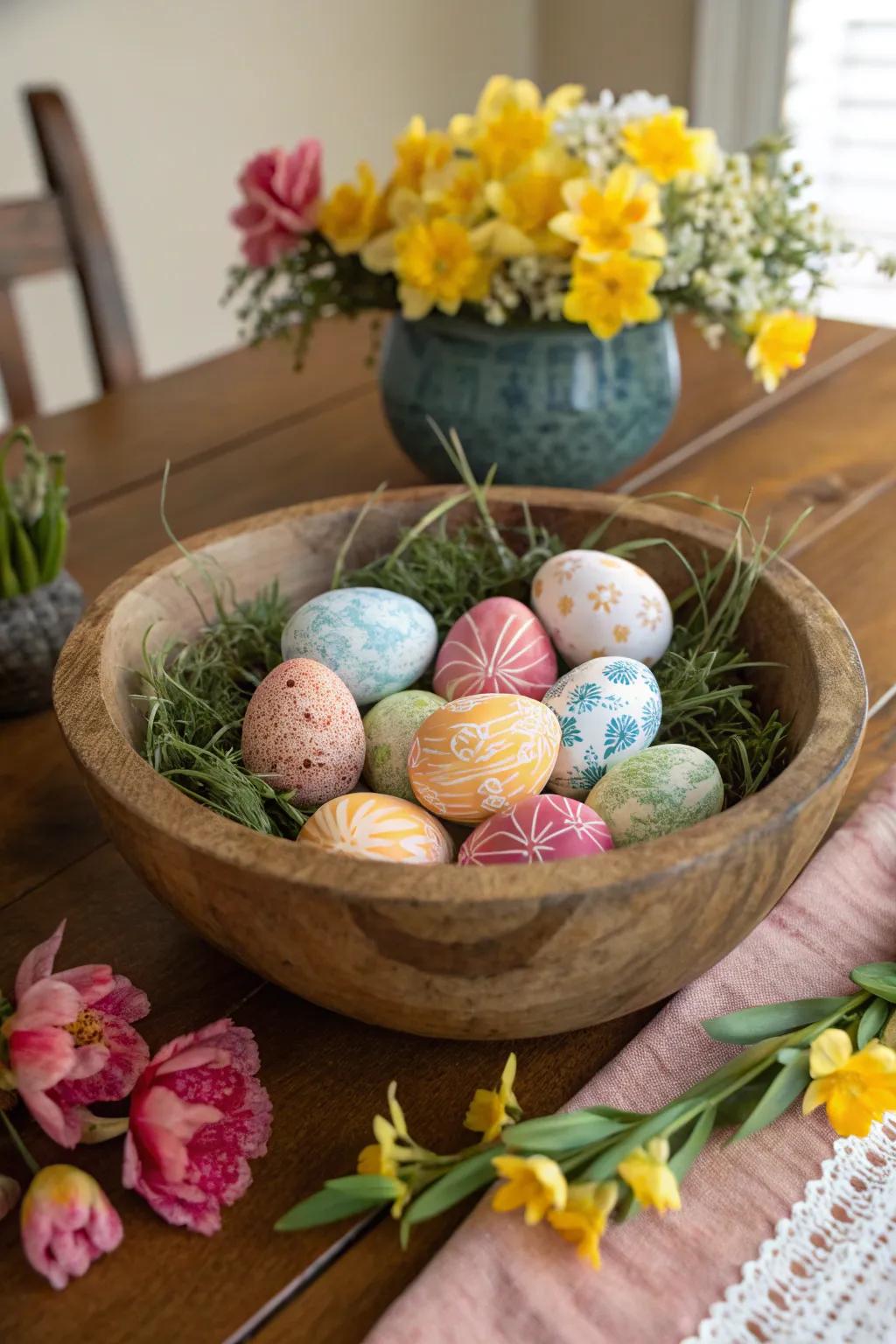 A vibrant display of naturally dyed Easter eggs.