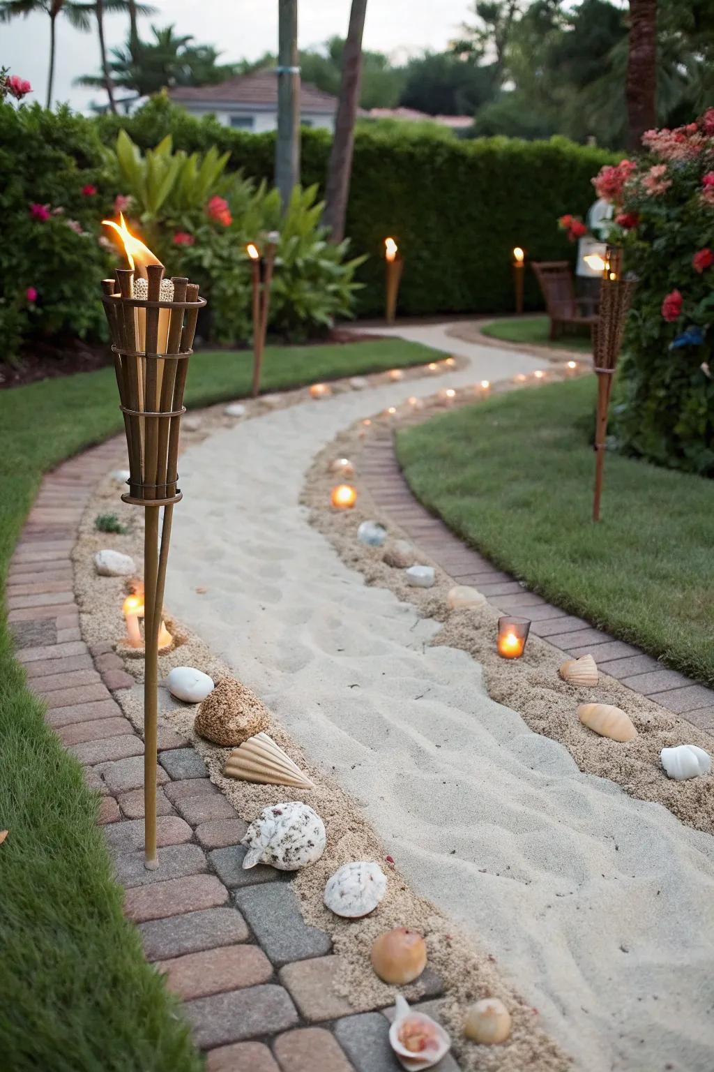 Create a beach-inspired pathway with tiki torches and seashells.