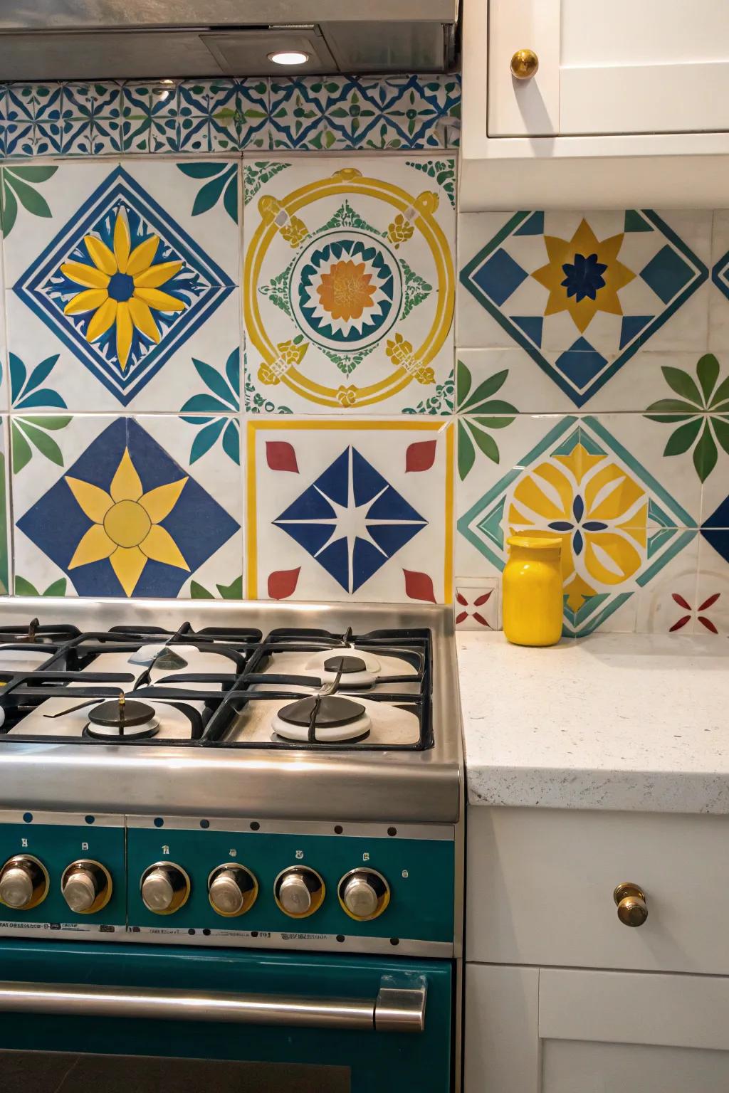 Bold geometric patterns make a powerful statement behind the stove.