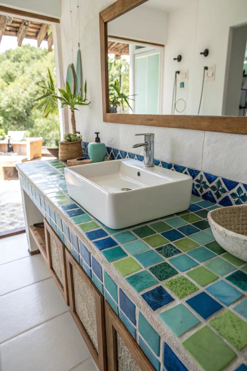 A playful pop of color with vibrant blue and green tiles.