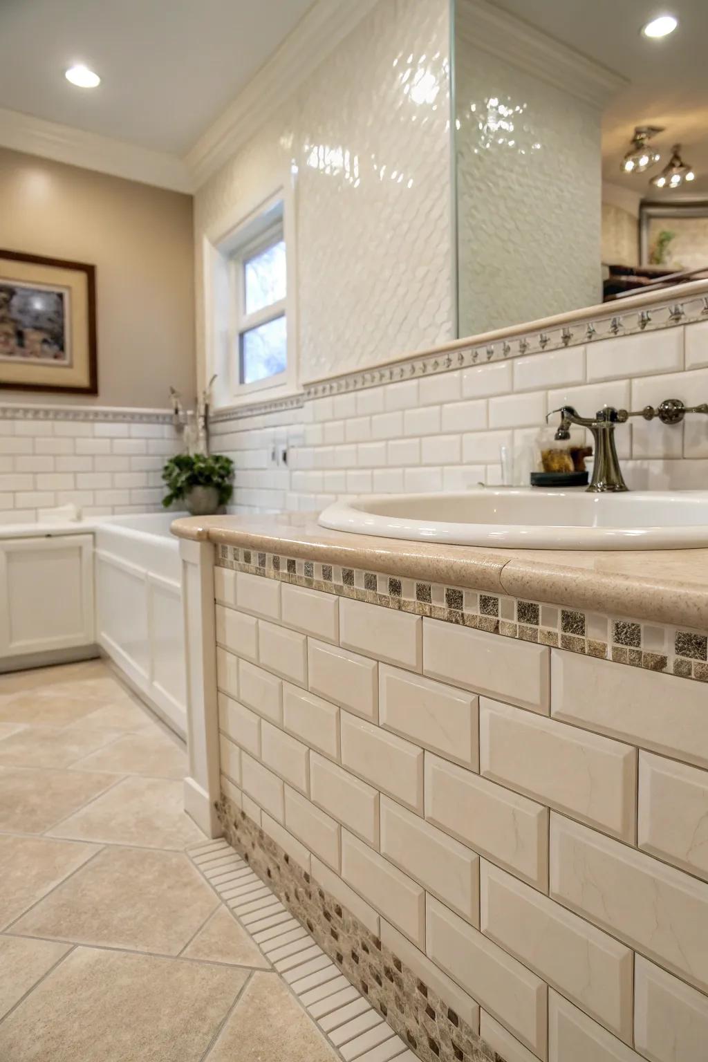Bullnose trim offers a sleek and polished finish for any tiled surface.