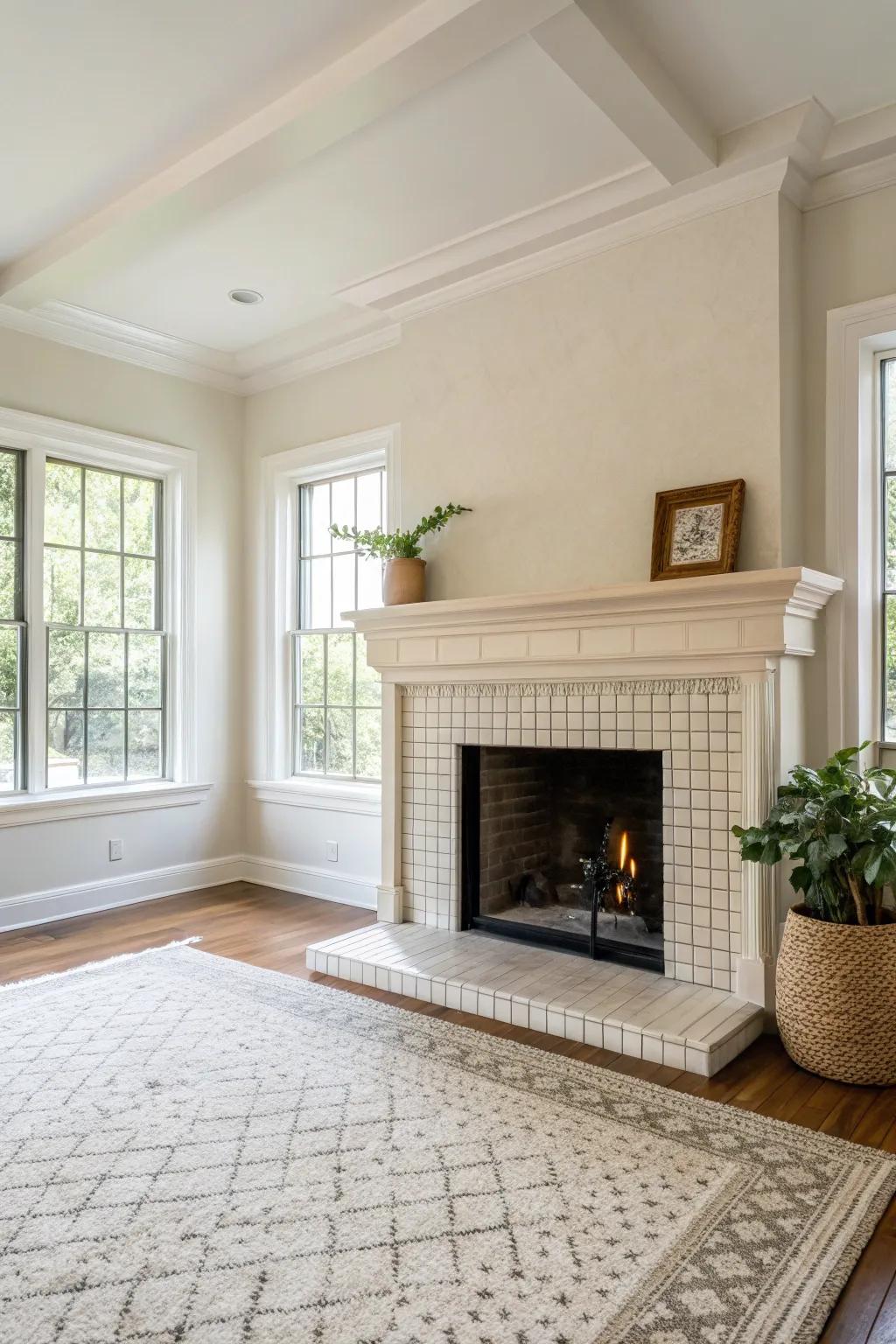 A minimalist fireplace with clean lines and neutral tones creates a serene atmosphere.